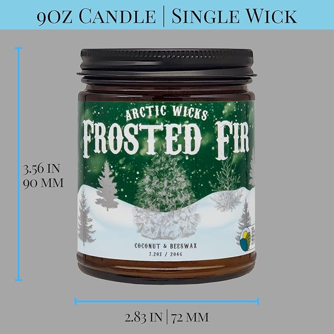 Arctic Wicks Scented Coconut Beeswax Candles | Coconut Beeswax Non Toxic Candle 9oz Amber | Farmhouse Candles Non-Toxic Clean Burn 100% USDA Certified Biobased (Frosted Fir - Fraiser Fir Tree)