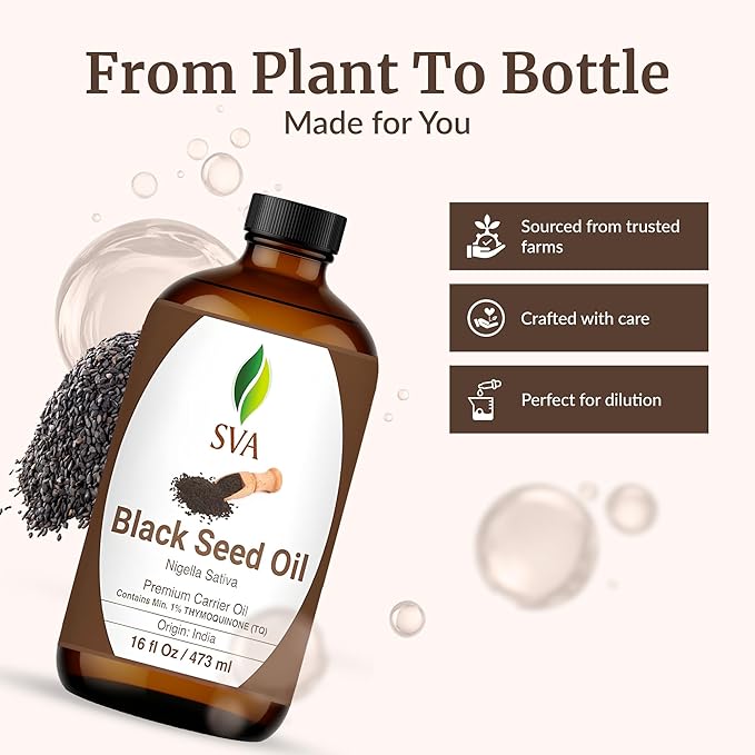 SVA Black Seed Oil - 16 Fl Oz – 100% Natural Cold Pressed Black Seed Oil - for Face, Skin Care, Hair Care, Scalp Massage & Body Massage – Carrier Oil