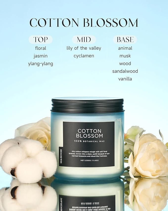 M&SENSE Clean Cotton Scented Candle - 11.6oz Natural Soy Wax Clean Cotton Blossom Scent Non Toxic Candle, 70-Hour Slow Burning 2-Wick Aromatherapy Home Fragrance Gifts for Home Decor