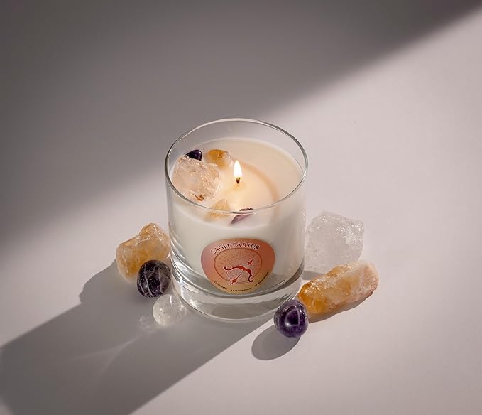 Luxury Glass Jar Candle, Sagittarius Zodiac Sign, 8.8 oz - Crystal Infused - Scents of Scent:Pomegranate, Peppercorn, Cedar, & Patchouli - Coconut-Soy Wax, Essential Oil, Dr. Developed