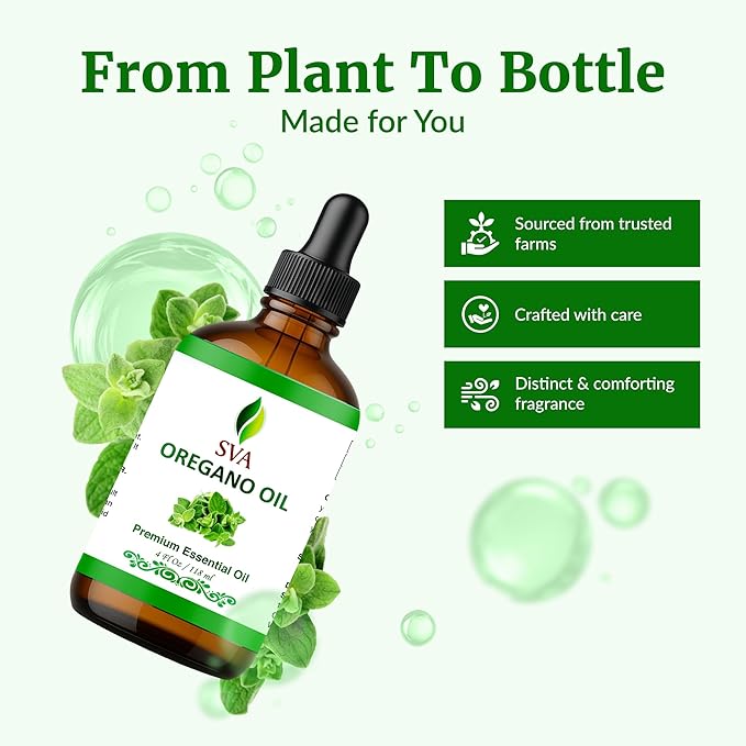 SVA Oregano Essential Oil – 4 Fl Oz – 100% Natural Oregano Oil - for Diffuser, Hair Care, Face, Skin Care, Aromatherapy, Scalp and Body Massage, Soap and Candle Making – with Dropper