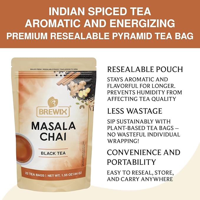 BREWIX, Masala Chai Tea Bags (22 Pyramid Tea Bags) Strong, Robust & Spicy - Pure Ingredients | Black Tea, Cinnamon, Ginger, Black Pepper, Cardamom & Cloves, Packed in Resealable Ziplock Pouch