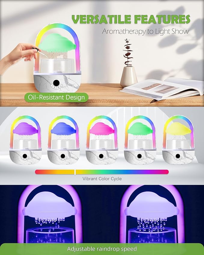 Weljoy Aromatherapy Essential Oil Diffuser Rainbow Rain Cloud Micro Humidifier Water Drip Mushroom Diffuser with Running Lights Rain Sounds for Sleeping-Tabletop Water Fountain&Night Light