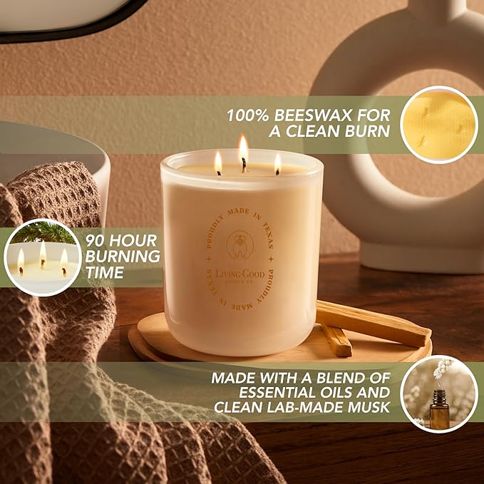 Palo Santo - Palo Santo & Bergamot Pure Beeswax Candle - 90+ Hours Long Burning Classically Designed Non-Toxic Scented Candles for Home Decor and Aromatherapy to Stress & Anxiety Relief - 15 Oz