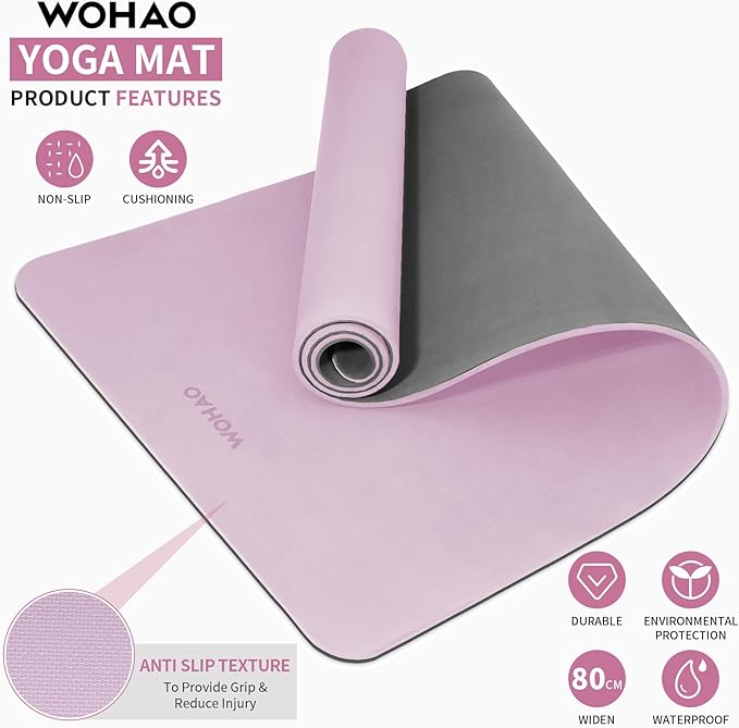 WOHAO Extra Thick 8mm Yoga Mat, 72"x28" Non Slip Exercise Mat, Reversible 2-Sided Dual Color Premium POE Material, with Carrying Strap for Yoga, Pilates, Home Gym