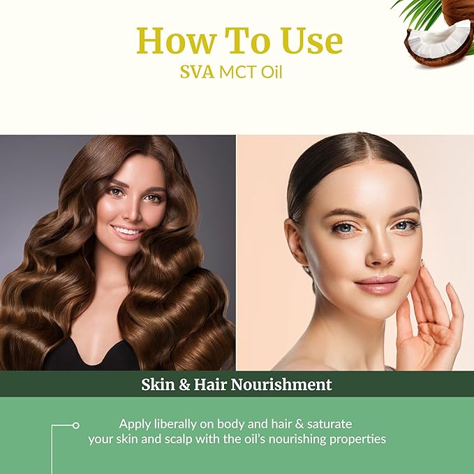 SVA MCT Oil Organic - 16 Fl Oz – 100% Natural Cold Pressed Organic MCT Oil - for Face, Skin Care, Hair Care, Scalp Massage & Body Massage – Carrier Oil