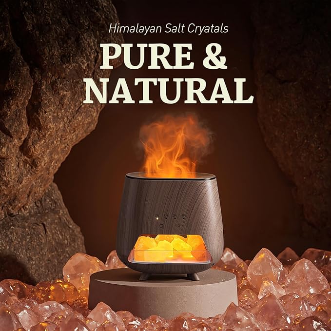 Essential Oil Diffuser for Home - Aromatherapy Diffuser with Pure Himalayan Pink Salt Rock, 200ml Wood Grain Scent Diffuser, Cool Mist Humidifier with 9 Colors LED Light for Bedroom, Black