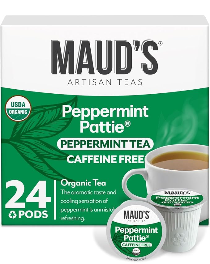 Maud's Organic Peppermint Tea Pods, 24 ct, Recyclable Single Serve Pods – 100% Gourmet Blended Tea Leaves, Compatible with Keurig K Cups Maker