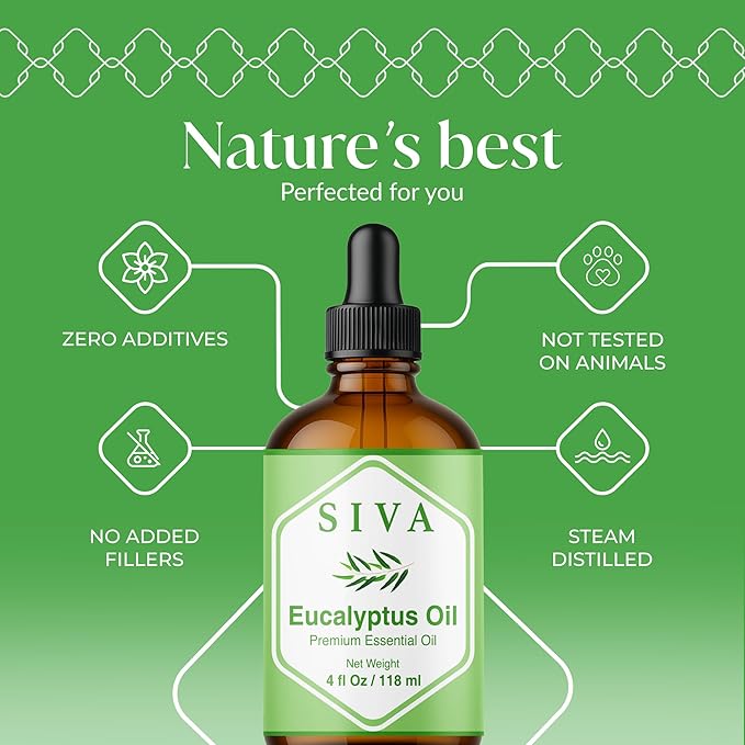 Siva Eucalyptus Essential Oil - 4 Fl Oz – 100% Natural Eucalyptus Oil - for Diffuser, Face, Skin Care, Aromatherapy, Hair Care, Scalp and Body Massage - with Dropper