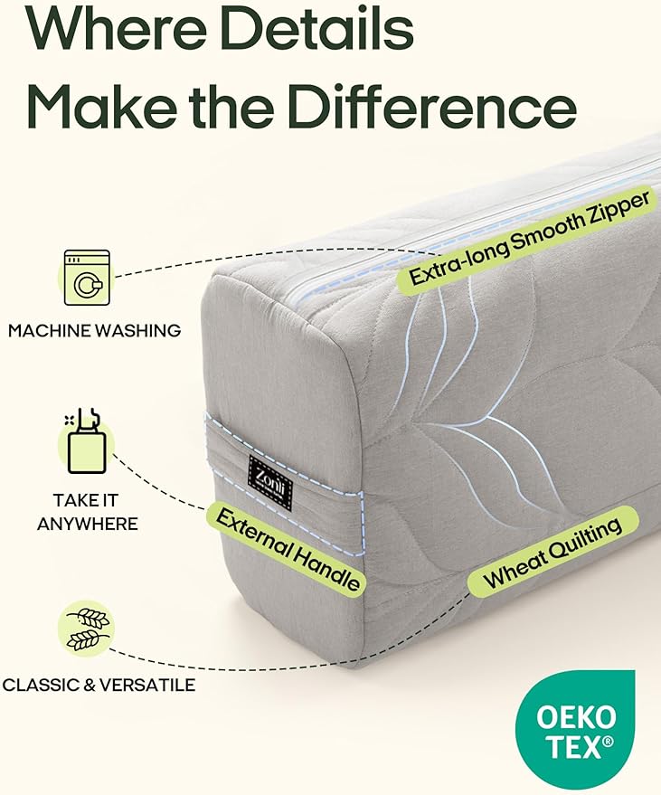 Zonli Yoga Bolster Pillow for Meditation & Restorative Yoga - Rectangular Support Cushion with Removable Cotton Cover & Carry Handle, 26"x11"x7"