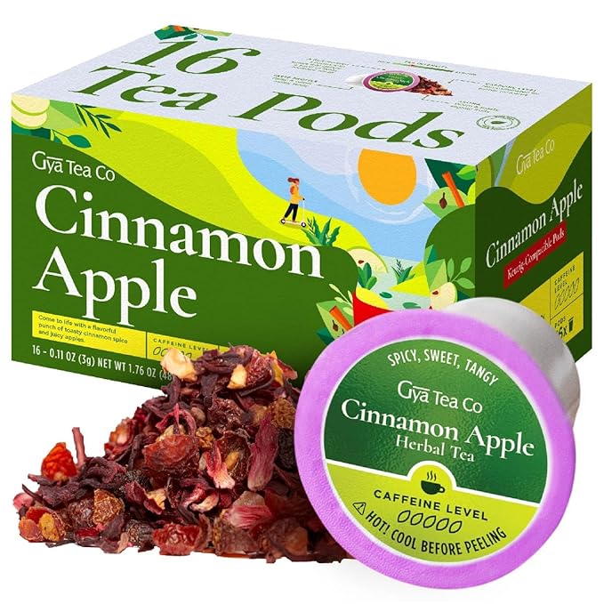 Gya Tea Co Cinnamon Apple Herbal Tea Pod (16 Count)- Decaf Wellness Tea for Body Comfort & Relaxing
