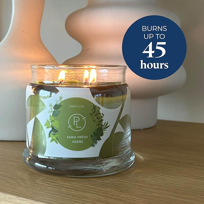 PartyLite Farm Fresh Herbs Scented, Notes of Eucalyptus, Thyme, Garden Mint, Cedarwood & Patchouli, 13.2oz 3-Wick Jar Candle, 45 Hour Burn Time, Luxurious Fragrance, Ideal for Gifting