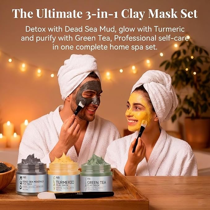ANAI RUI 3 Pcs Face Mask Set - Turmeric Clay Mask - Green Tea Face Mask - Dead Sea Mud Mask for Oily Skin, Blackheads & Pores Spa Gift Set Self Care Valentines Day Gifts for Women(2.5 oz Each