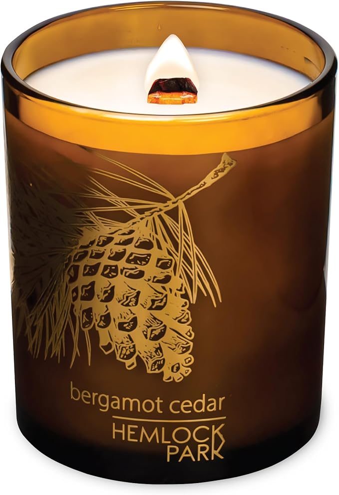 Hemlock Park Amber Gold Leaf Glass Wood Wick Candle Handcrafted with Natural Coconut Wax (Standard 7.2 oz, Bergamot Cedar)