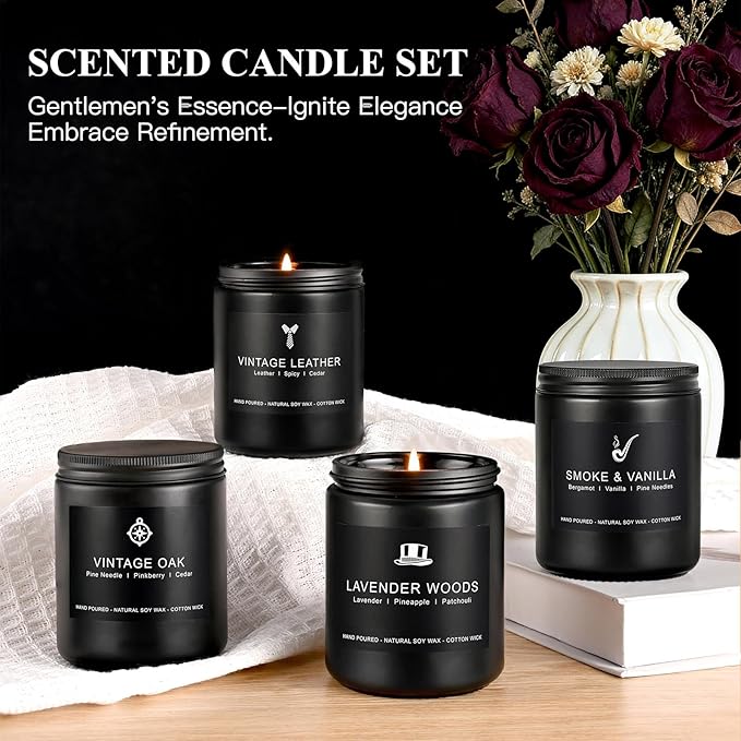 Scented Candles for Men Gift Set, Masculine Soy Candle Set with Leather, Smoke & Oak Scents – 4 Pack Manly Aromatherapy Candles for Home, Office & Relaxation Gifts for Him