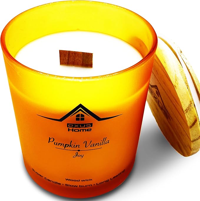 Exus Hand Crafted, Soy Wax, Wood Wick, Aromatic Candle. Non-Toxic (Pumpkin Vanilla/Joy)