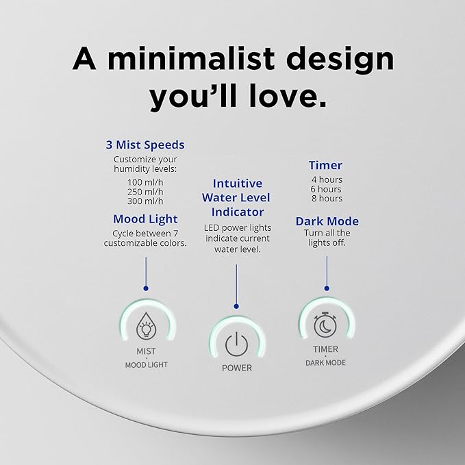 Carepod One Plus with Stand - Stainless Steel Humidifier for Large Room with Mood Light, Quiet & Safe for Baby, Only 3 Washable Parts, Easy to Clean Ultrasonic Cool Mist Humidifiers for 30Hrs, 1Gal/4L