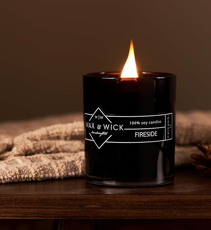 Wax and Wick 12oz Scented Candle for Men, 100% Soy Wax, Double Wood Wick, Black Jar, Fireside Scent, Long Lasting, Masculine Scents, Perfect for Home, Mancave, Bachelor Pad, Men's Gift - Made in USA