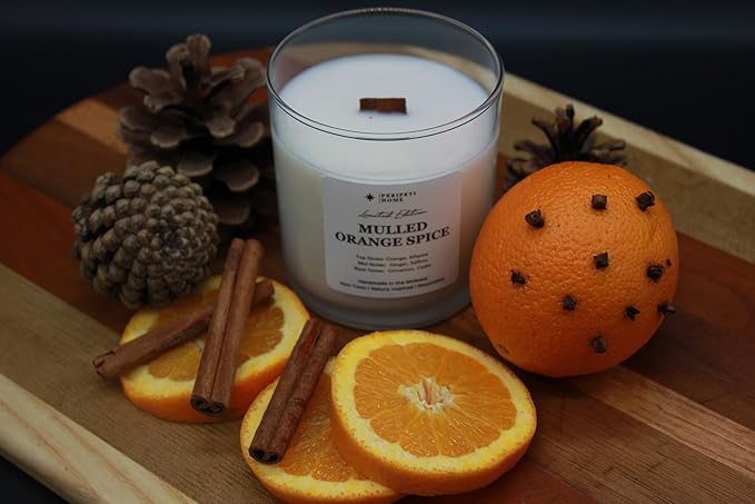 PERIPETI Home Mulled Orange Spice Scented Candle, Wooden Wick – 8.5oz Natural Soy Wax for Energizing Aromatherapy, Long-Lasting Burn