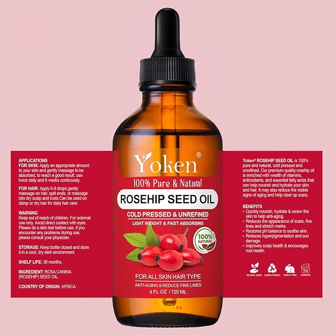 Rosehip Seed Oil for Face, 100% Pure and Natural Cold Pressed Unrefined Organic Rosehip Carrier Oil for Skin, Hair, Body & Nails - Lightweight, Fast-Absorbing (4 fl oz)