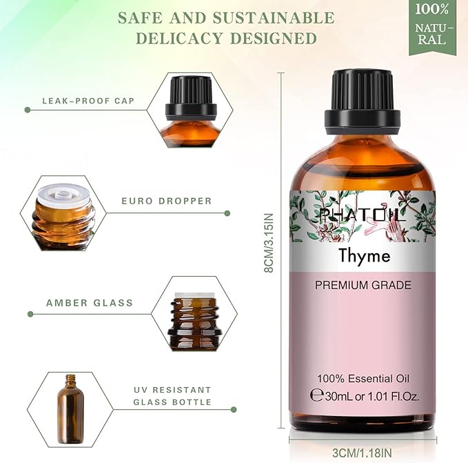 Thyme Essential Oil, 1.01Fl.Oz (30ML) PHATOIL Pure Essential Oil Singles for Aromatherapy Diffusers, Humidifiers, Great for DIY Candle and Soap Making, Gift for Friend