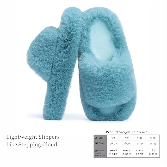Chantomoo Women's Blue Memory Foam Faux Fur Lined Open Toe Slippers for Women - US 12