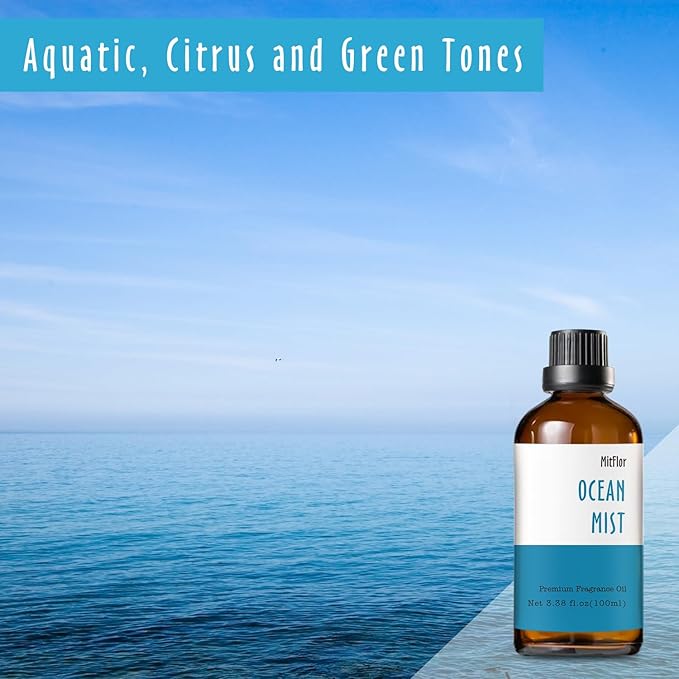 Ocean Mist Fragrance Oil, MitFlor Single Scented Oil, Large Size Premium Grade Fragrance Oil (3.38 OZ/100ML), Perfume, Soap, Candle Making Scent, Fresh Summer Essential Oils for Diffuser