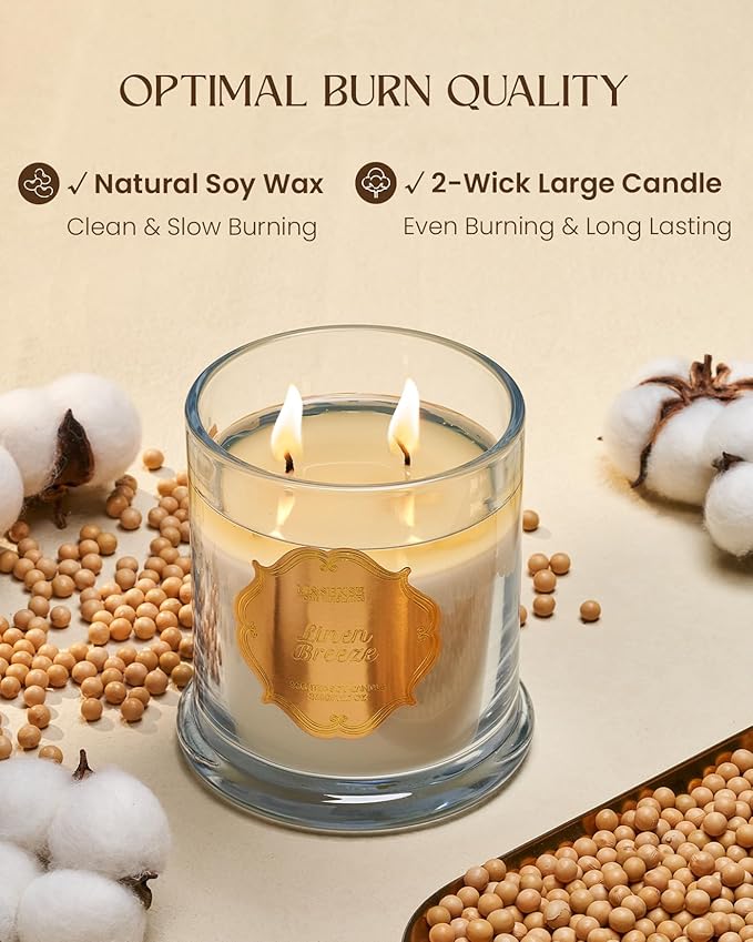 M&SENSE Linen Candles for Home Scented, Organic Soy Candles Non Toxic, 12.7oz Large Jar Candle 75 Hours Long Lasting Slow Burning, Fresh Clean Scented Air Puriffying Housewarming Candle Father Gift