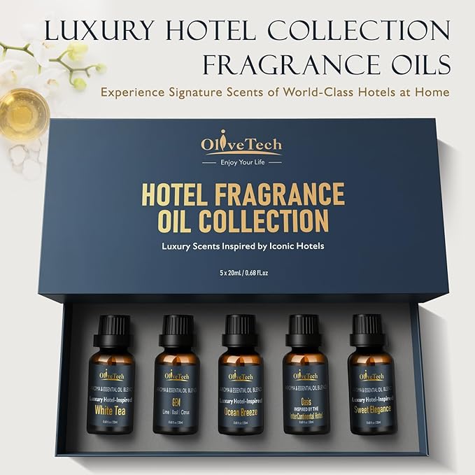 Hotel Collection Diffuser Oil Gift Set - 5 x 20ml / 0.68 fl oz, OliveTech Hotel Fragrance Oil Inspired by Iconic Luxury Hotel, White Tea, GEM & Oasis Scents, Glass Bottles