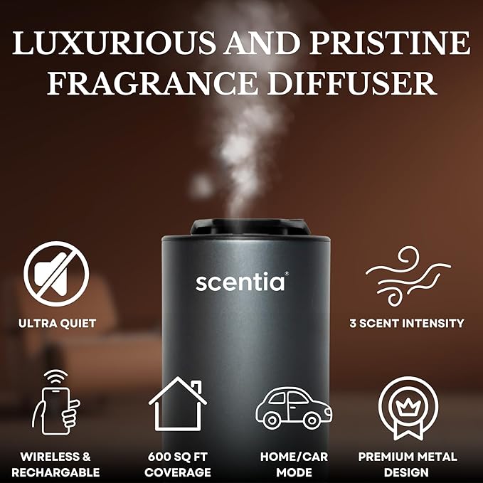 Scentia MiniPod Waterless Essential Oil Diffuser Starter Kit & Smart Car Freshener – Dual Car/Home Modes, Auto Shut-Off, 3 Mist/Ambient Light Levels, Portable Rechargeable Nebulizer – Titanium