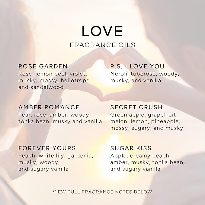 Eternal Essence Oils Love Set of 6 Premium Fragrance Oils - Rose, PS I Love You, Amber Romance, Secret Crush, Forever Yours and Sugar Kiss - for Diffusers, Candle & Soap Making, & Aromatherapy - 10ML