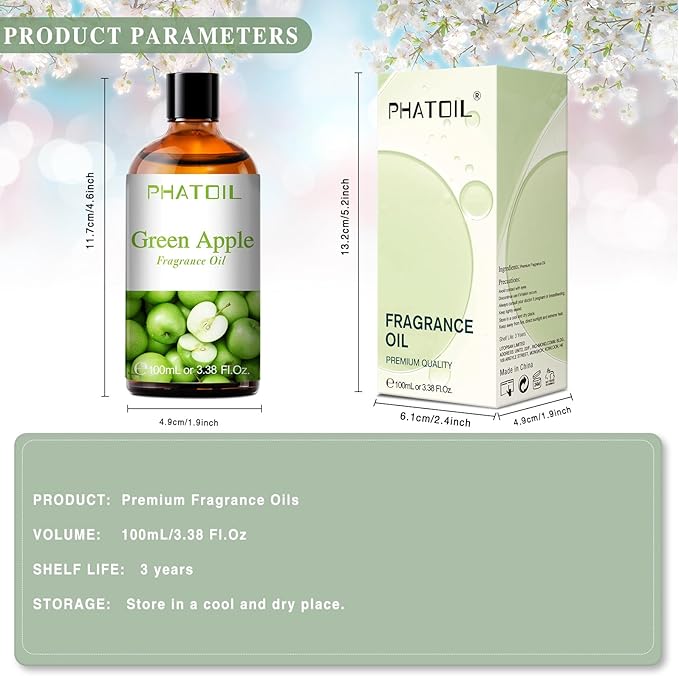 PHATOIL 3.38FL.OZ Green Apple Fragrance Oils for Aromatherapy, Essential Oils for Diffusers for Home, Perfect for Diffuser, Yoga, DIY Candle and Soap Making - 100ml