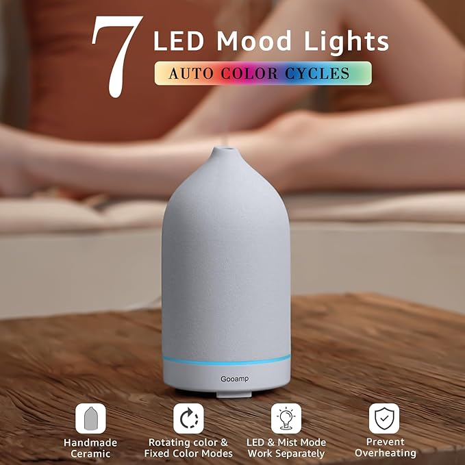 200ML Ceramic Essential Oil Diffuser - Ultrasonic Aromatherapy & Humidifier with 7-Color LED Lights, Auto Shut-Off, White, 1H/3H/6H Timer | Scent for Home,Office,Yoga