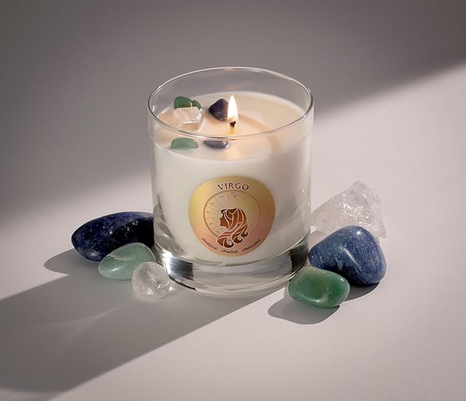 Luxury Glass Jar Candle, Virgo Zodiac Sign, 8.8 oz - Crystal Infused - Scents of Scent: Lily, Sandalwood, Amber, & Vanilla - USA Made, Coconut-Soy Wax, Essential Oils, Dr. Developed