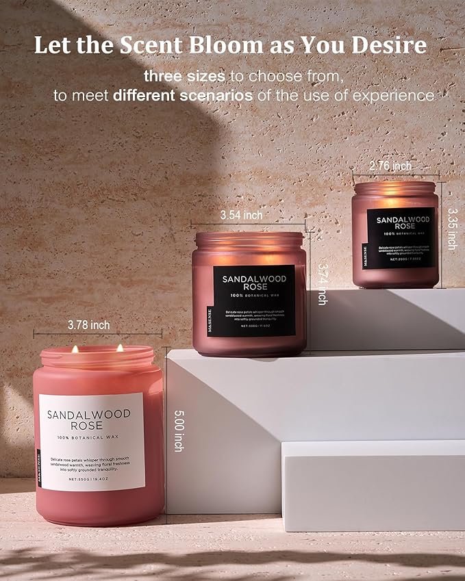 M&SENSE Sandalwood Rose Scented Candle 19.4oz 110 Hours Long Lasting Burn Natural Soy Wax Strong Scented Candle for Home, 2 Wick Home Fragrance Slow Burning Housewarming Gifts for Men Women
