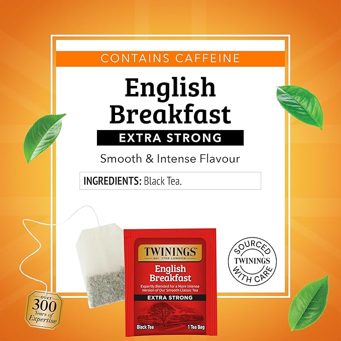 Twinings Extra Strong English Breakfast Black Tea Individually Wrapped Bags, 20 Count (Pack of 6), Robust, Caffeinated, Enjoy Hot or Iced, 120 Teabags