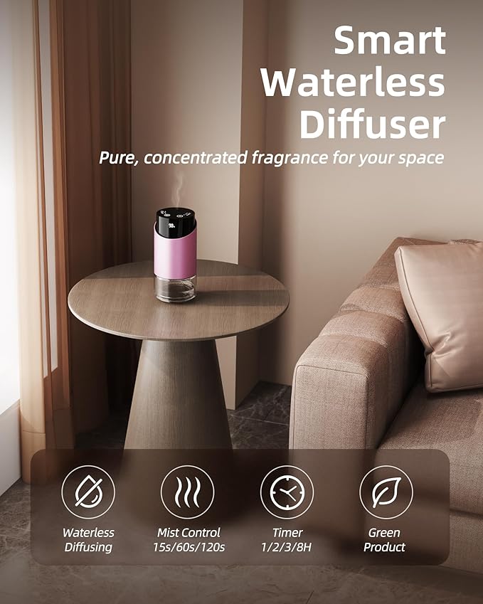 Waterless Essential Oil Diffuser Aromatherapy Scent Diffusers for Home Large Room, Car, Office, Desk, Mini Battery Operated Cordless Air Freshener, 4 Timers & 3 Mist Levels, 100ml Capacity (Pink)