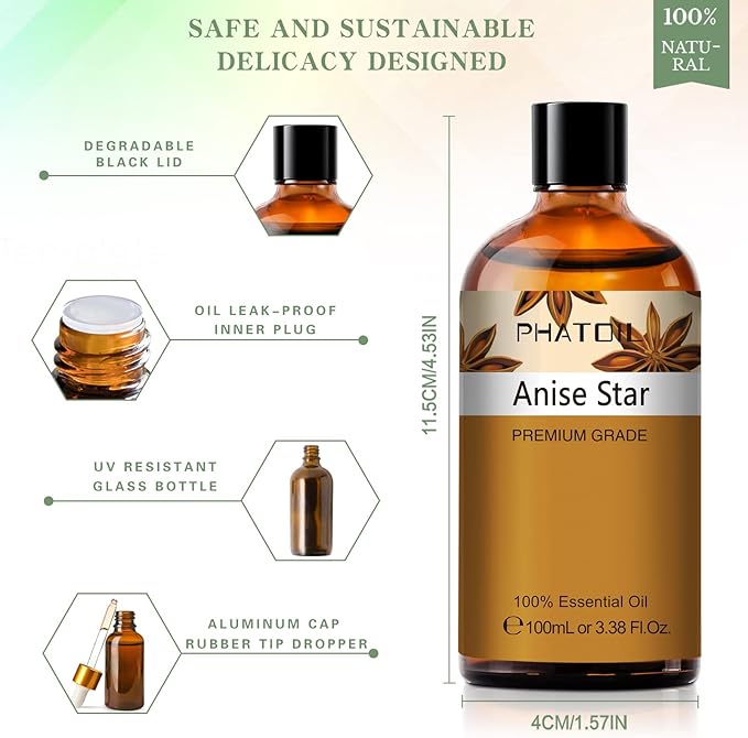Anise Star 3.38fl.oz Essential Oil, PHATOIL Pure Aromatherapy Oils for Diffuser, Humidifier, Perfect for DIY Soap, Candle, Bath Bombs Making(100ml)