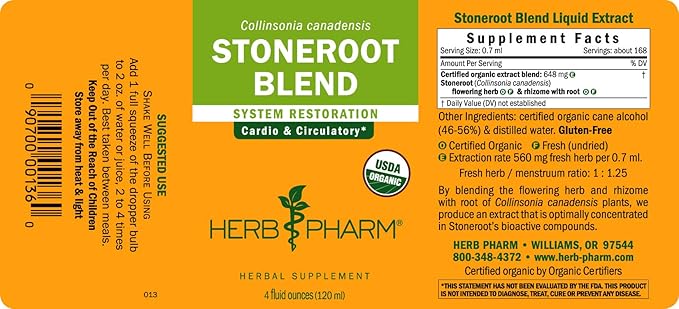 Herb Pharm Certified Organic Stoneroot Blend Liquid Extract for Cardiovascular and Circulatory Support-4 oz
