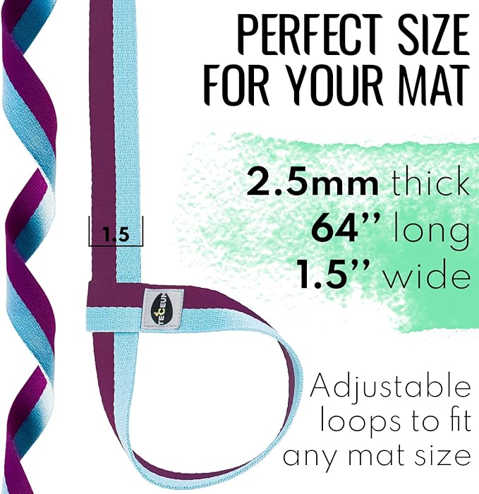 TECEUM Yoga Mat Strap – 30+ Colors – Adjustable Mat Holder Sling Carrier for All Mats [Mat Not Included]