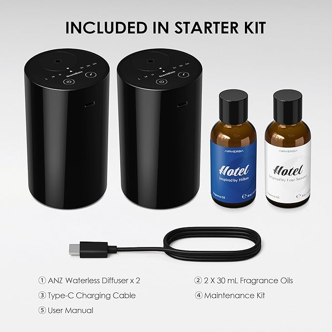 Waterless Essential Oil Diffuser Starter Kit with 2 x 30mL Hotel Scent Fragrance Oil, Battery Operated Scent Air Machine Cordless Portable Diffuser for Home Car, ANZ Black 2PCs Kit