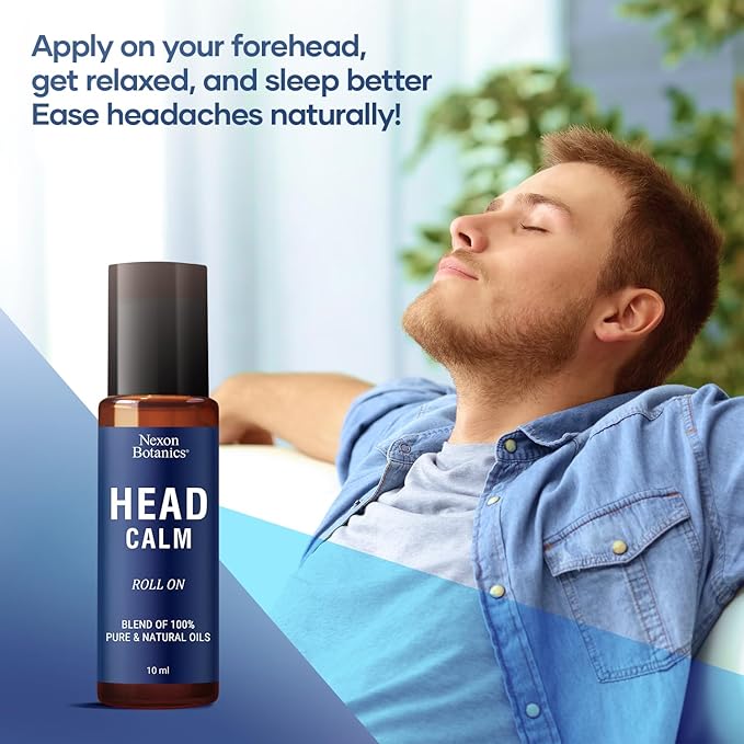 Head Calm Essential Oil Roll-On 10 ml - Soothing Blend of Pure & Natural Essential Oils - Roller Ball for Migraine & Headache Relief - Nexon Botanics
