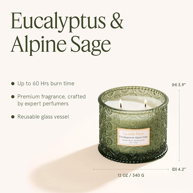 LA JOLIE MUSE Christmas Candle | Eucalyptus, Sage, Lavender | 12 oz Double Cotton Wick Soy Candle | 60 Hours Clean Burn | Christmas Gifts for Home & Women