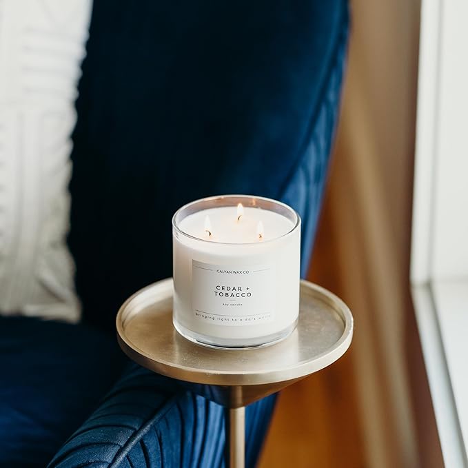 Calyan Wax Co. Cedar & Tobacco 3 Wick Scented Candle - 43 Hour Burn - Luxury 3 Wick Soy Candles - Non Toxic Soy Wax Candles - Long Lasting Large Glass Jar Candle for Home - 14.9oz