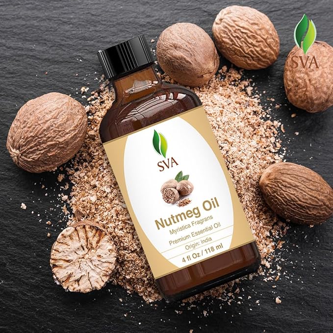 SVA Nutmeg Essential Oil – 4 Fl Oz – 100% Natural Nutmeg Oil - for Diffuser, Hair Care, Face, Skin Care, Aromatherapy, Scalp and Body Massage, Soap and Candle Making – with Dropper