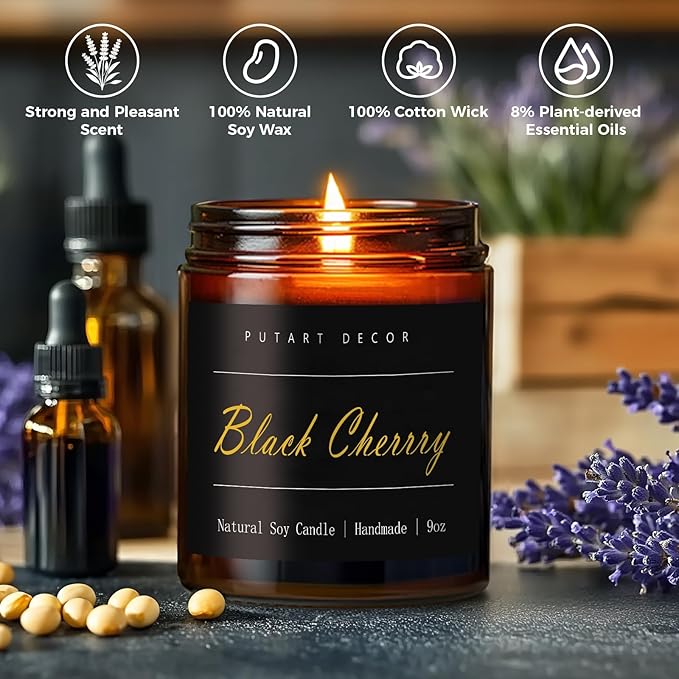 Black Cherrry Scented Candle for Home, Natural Soy Wax Aromatherapy Non Toxic Candle Gifts for Women & Men, Handmade Highly Scented & Long Lasting Jar Candle for Stress Relief (9oz)