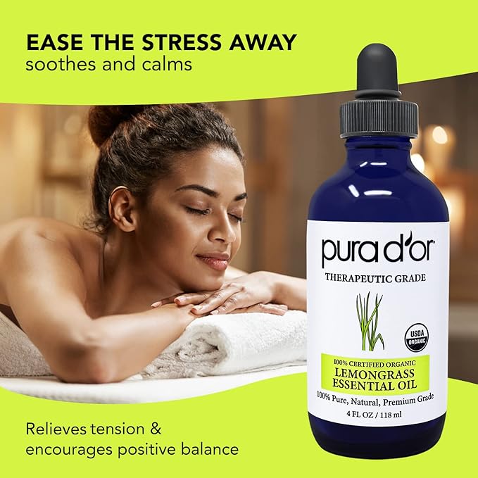 PURA D'OR Organic Lemongrass Essential Oil, 4oz, Therapeutic Grade, for Hair, Body, Skin, Aromatherapy, Relaxation, Massage, Vitality, Home, DIY Soap