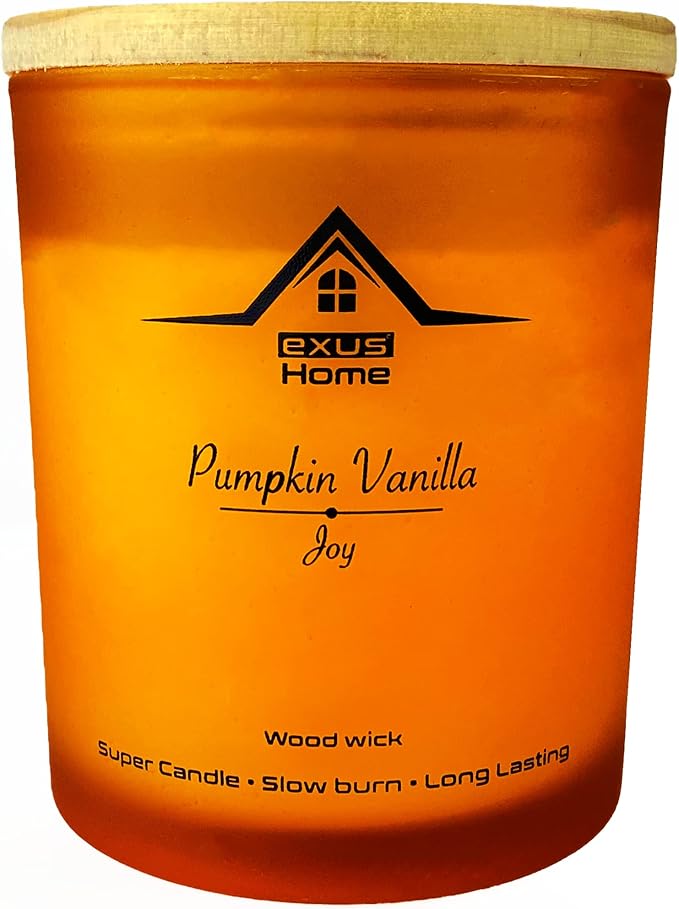 Exus Hand Crafted, Soy Wax, Wood Wick, Aromatic Candle. Non-Toxic (Pumpkin Vanilla/Joy)