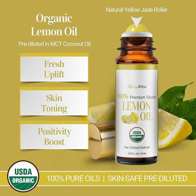 BodyJ4You Lemon Essential Oil Roll On - Pure 100% USDA Organic MCT Coconut Oil - Natural Yellow Jade Stone Roller - Uplift Aroma Wrist Neck Cuticle Breathwork - Amber Glass Bottle Rollerball (10ml)