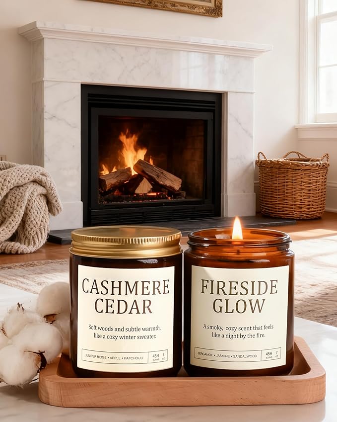 Christmas Candles Gift Set for Women - 4 Pack Scented Soy Candles with Cashmere Cedar, Fireside Glow, Cinnamon Apple & Vanilla Balsam, Long Lasting Holiday Winter Gifts for Home